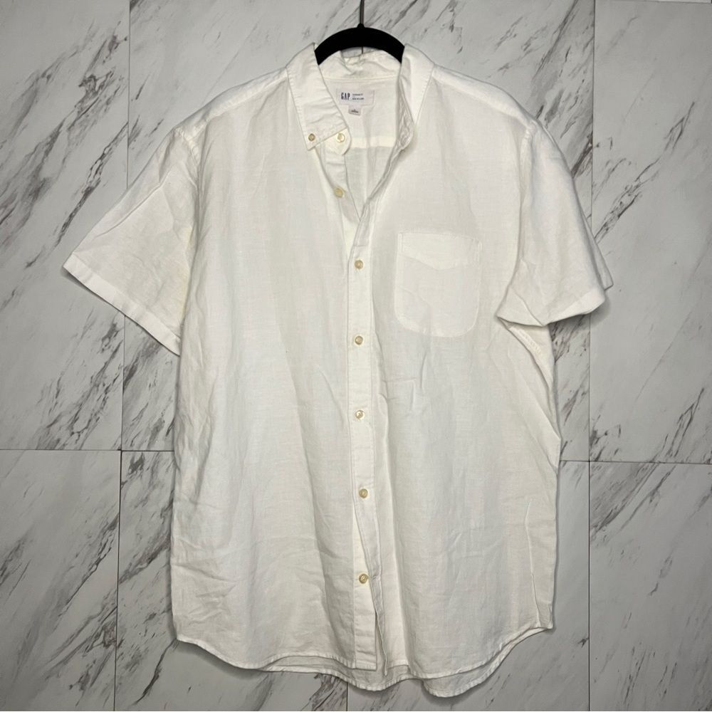 3/$50 Gap Mens Linen Short Sleeve Button Up Shirt White Large Pocket Resortwear